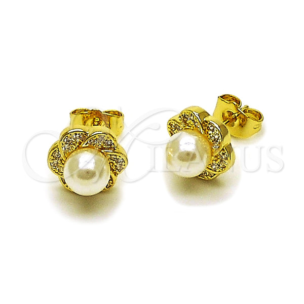 Arete Dormilona 02.156.0736 Oro Laminado, Diseño de Flor y Cluster, con Perla Marfil y Micro Pave Blanca, Pulido, Tono Dorado