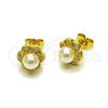 Arete Dormilona 02.156.0736 Oro Laminado, Diseño de Flor y Cluster, con Perla Marfil y Micro Pave Blanca, Pulido, Tono Dorado