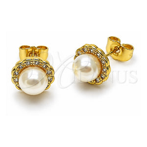 Arete Dormilona 02.156.0737 Oro Laminado, Diseño de Flor y Cluster, con Perla Marfil y Zirconia Cubica Blanca, Pulido, Tono Dorado