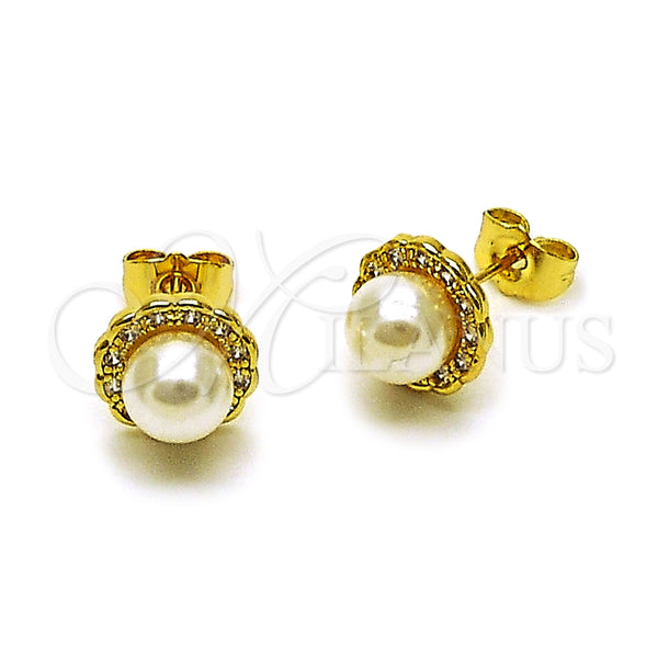 Arete Dormilona 02.156.0737 Oro Laminado, Diseño de Flor y Cluster, con Perla Marfil y Zirconia Cubica Blanca, Pulido, Tono Dorado