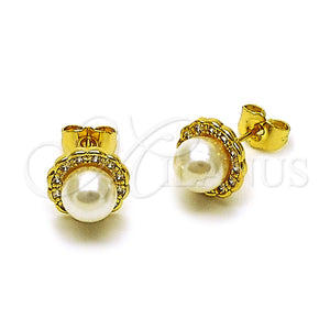 Arete Dormilona 02.156.0737 Oro Laminado, Diseño de Flor y Cluster, con Perla Marfil y Zirconia Cubica Blanca, Pulido, Tono Dorado