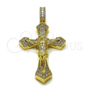 Dije Religioso 05.253.0206 Oro Laminado, Diseño de Crucifijo y Baguette, con Blanca Zirconia Cubica and Blanca Micro Pave, Pulido, Tono Dorado