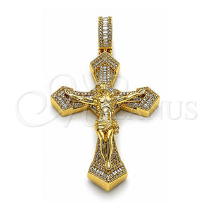 Dije Religioso 05.253.0206 Oro Laminado, Diseño de Crucifijo y Baguette, con Zirconia Cubica Blanca y Micro Pave Blanca, Pulido, Tono Dorado