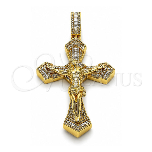 Dije Religioso 05.253.0206 Oro Laminado, Diseño de Crucifijo y Baguette, con Zirconia Cubica Blanca y Micro Pave Blanca, Pulido, Tono Dorado
