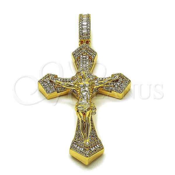 Dije Religioso 05.253.0206 Oro Laminado, Diseño de Crucifijo y Baguette, con Blanca Zirconia Cubica and Blanca Micro Pave, Pulido, Tono Dorado