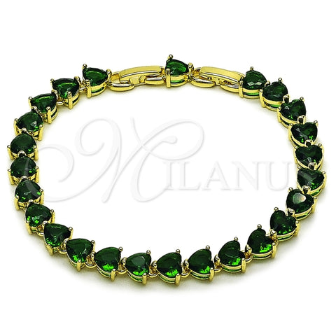 Pulsera Tennis 03.284.0064.2.08 Oro Laminado, Diseño de Corazon, con Zirconia Cubica Verde, Pulido, Dorado