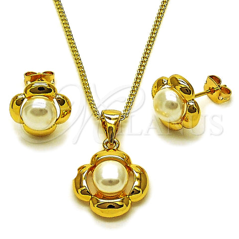 Juego de Arete y Dije de Adulto 10.342.0280 Oro Laminado, Diseño de Trébol de Cuatro Hojas, con Marfil Perla, Pulido, Tono Dorado