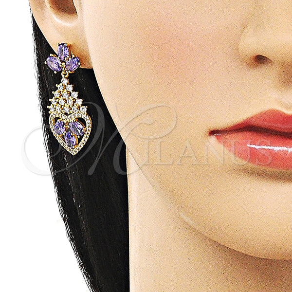 Arete Largo 02.282.0104 Oro Laminado, Diseño de Gota y Corazón, con Amatista and Blanca Zirconia Cubica, Pulido, Tono Dorado