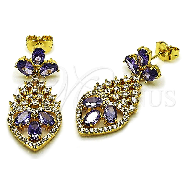 Arete Largo 02.282.0104 Oro Laminado, Diseño de Gota y Corazón, con Amatista and Blanca Zirconia Cubica, Pulido, Tono Dorado