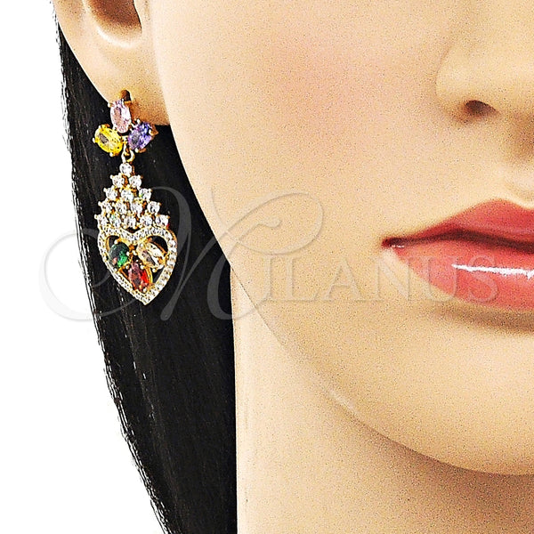 Arete Largo 02.282.0104.1 Oro Laminado, Diseño de Gota y Corazón, con Multicolor and Blanca Zirconia Cubica, Pulido, Tono Dorado