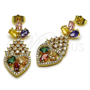 Arete Largo 02.282.0104.1 Oro Laminado, Diseño de Gota y Corazón, con Multicolor and Blanca Zirconia Cubica, Pulido, Tono Dorado