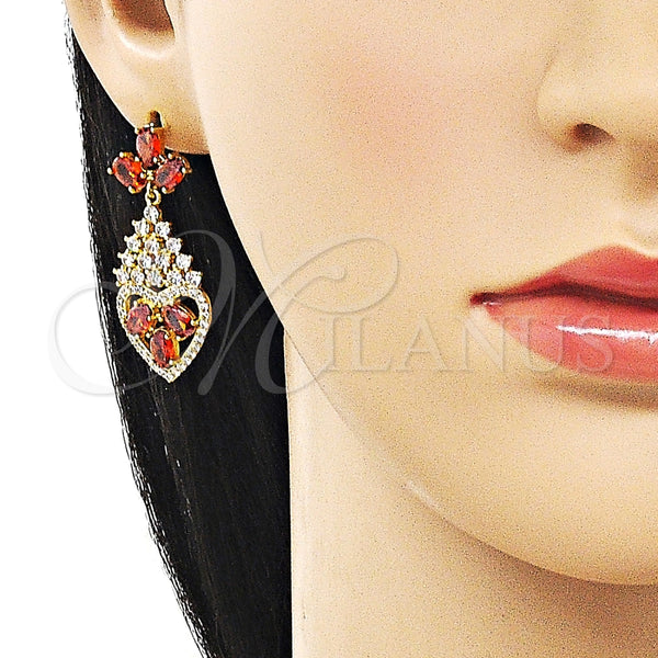 Arete Largo 02.282.0104.2 Oro Laminado, Diseño de Gota y Corazón, con Granate and Blanca Zirconia Cubica, Pulido, Tono Dorado