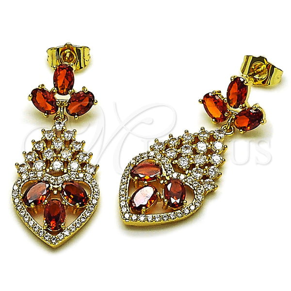 Arete Largo 02.282.0104.2 Oro Laminado, Diseño de Gota y Corazón, con Granate and Blanca Zirconia Cubica, Pulido, Tono Dorado