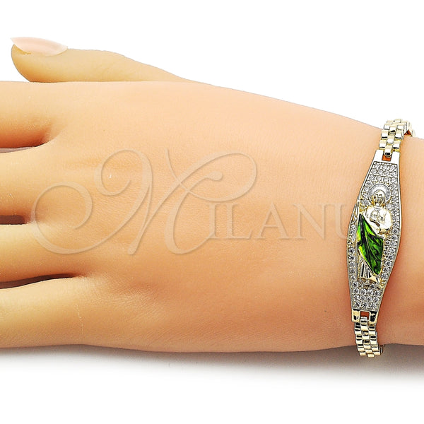 Pulsera Elegante 03.411.0080.08 Oro Laminado, Diseño de San Judas y Hebilla del Cinturón, con Blanca Zirconia Cubica, Pulido, Tres Tonos (Thickness, 8 Inches Length)