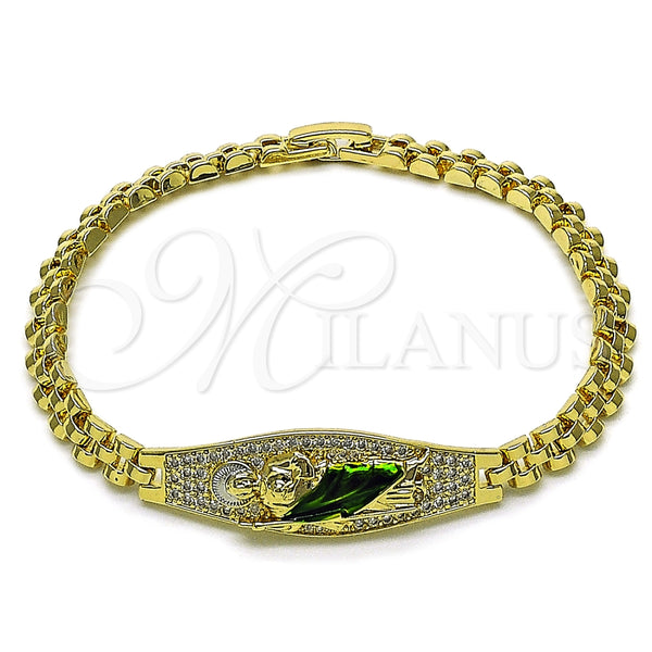 Pulsera Elegante 03.411.0080.08 Oro Laminado, Diseño de San Judas y Hebilla del Cinturón, con Blanca Zirconia Cubica, Pulido, Tres Tonos (Thickness, 8 Inches Length)