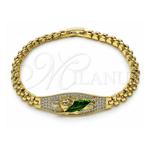 Pulsera Elegante 03.411.0080.08 Oro Laminado, Diseño de San Judas y Hebilla del Cinturón, con Zirconia Cubica Blanca, Pulido, Tres Tonos (Grosor 05.2 MM, 8 Pulgadas de Largo)