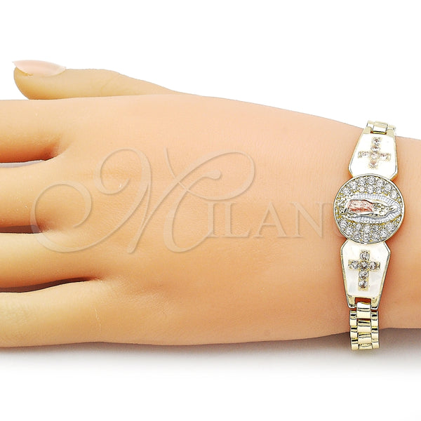 Pulsera Elegante 03.411.0081.08 Oro Laminado, Diseño de Guadalupe y Cruz, con Blanca Zirconia Cubica, Esmaltado Blanco, Tres Tonos (Thickness, 8 Inches Length)
