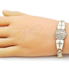 Pulsera Elegante 03.411.0081.08 Oro Laminado, Diseño de Guadalupe y Cruz, con Blanca Zirconia Cubica, Esmaltado Blanco, Tres Tonos (Thickness, 8 Inches Length)
