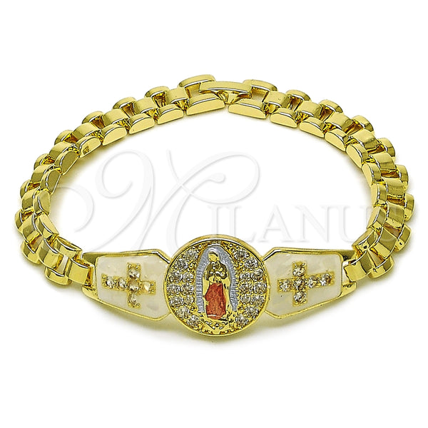 Pulsera Elegante 03.411.0081.08 Oro Laminado, Diseño de Guadalupe y Cruz, con Blanca Zirconia Cubica, Esmaltado Blanco, Tres Tonos (Thickness, 8 Inches Length)