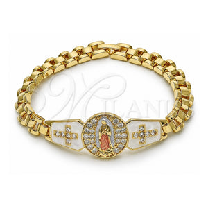 Pulsera Elegante 03.411.0081.08 Oro Laminado, Diseño de Guadalupe y Cruz, con Zirconia Cubica Blanca, Esmaltado Blanco, Tres Tonos (Grosor 07.5 MM, 8 Pulgadas de Largo)