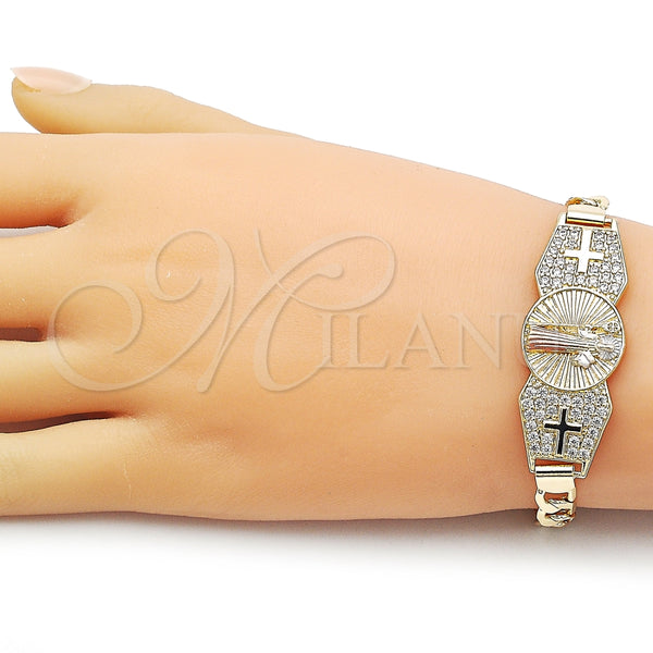 Pulsera Elegante 03.411.0082.07 Oro Laminado, Diseño de San Benito y Figaro, con Blanca Zirconia Cubica, Pulido, Tres Tonos (Thickness, 8 Inches Length)