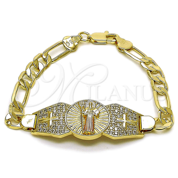 Pulsera Elegante 03.411.0082.07 Oro Laminado, Diseño de San Benito y Figaro, con Blanca Zirconia Cubica, Pulido, Tres Tonos (Thickness, 8 Inches Length)