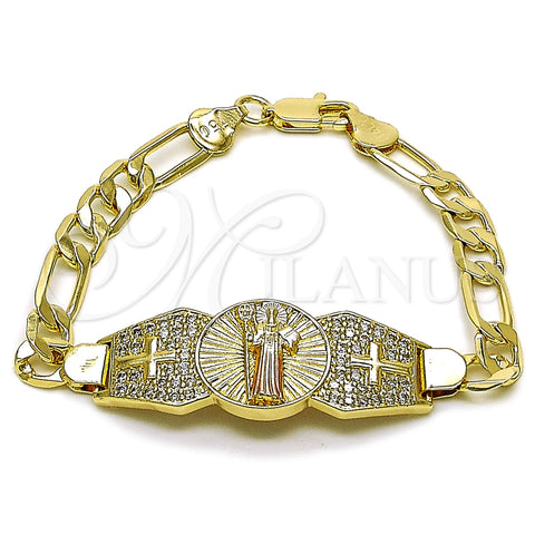 Pulsera Elegante 03.411.0082.07 Oro Laminado, Diseño de San Benito y Figaro, con Blanca Zirconia Cubica, Pulido, Tres Tonos (Thickness, 8 Inches Length)