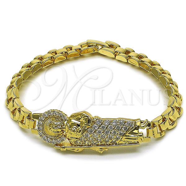 Pulsera Elegante 03.411.0083.07 Oro Laminado, Diseño de San Judas y Hebillas de Cinturon, Diseño de San Judas, con Zirconia Cubica Blanca, Pulido, Dorado