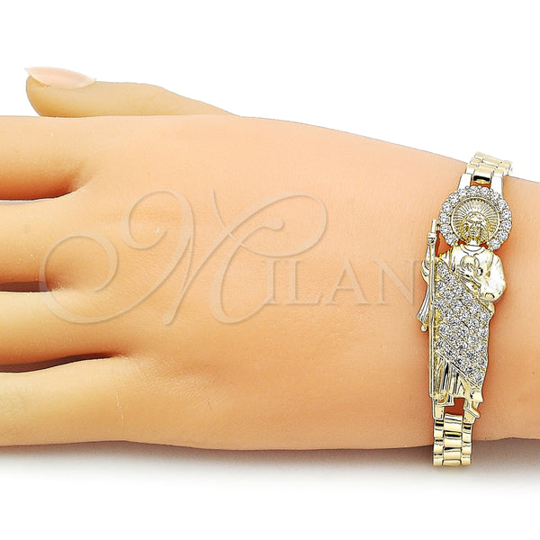 Pulsera Elegante 03.411.0083.07 Oro Laminado, Diseño de San Judas y Hebilla del Cinturón, con Blanca Zirconia Cubica, Pulido, Tono Dorado (Thickness, 8 Inches Length)
