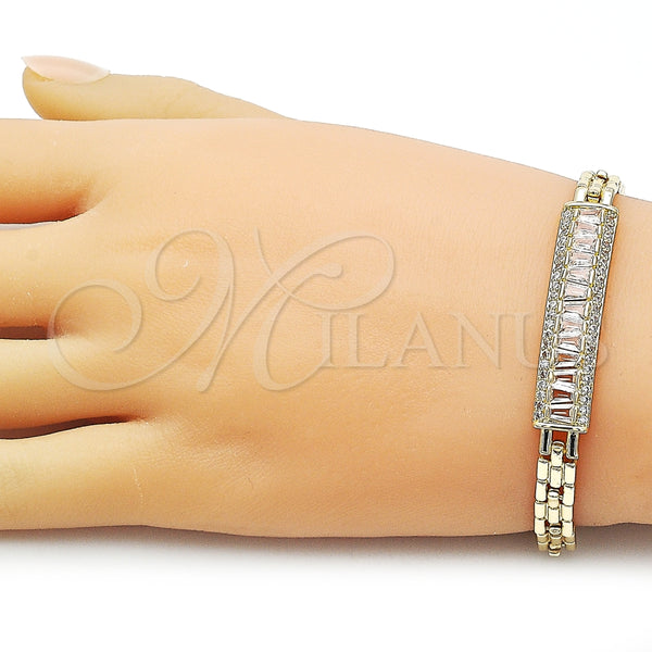 Pulsera Elegante 03.411.0084.08 Oro Laminado, Diseño de Baguette y Cluster, con Blanca Zirconia Cubica and Blanca Micro Pave, Pulido, Tono Dorado (Thickness, 8 Inches Length)