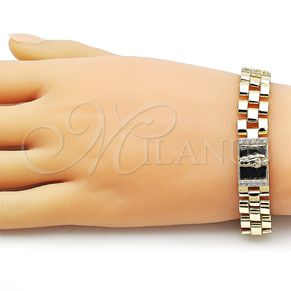 Pulsera Elegante 03.411.0085.08 Oro Laminado, Diseño de San Judas y Hebilla del Cinturón, con Blanca Zirconia Cubica, Pulido, Tono Dorado (12 MM Thickness, 8 Inches Length)