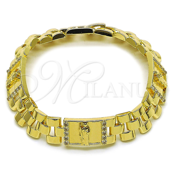 Pulsera Elegante 03.411.0085.08 Oro Laminado, Diseño de San Judas y Hebilla del Cinturón, con Blanca Zirconia Cubica, Pulido, Tono Dorado (12 MM Thickness, 8 Inches Length)