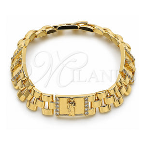 Pulsera Elegante 03.411.0085.08 Oro Laminado, Diseño de San Judas y Hebilla del Cinturón, con Zirconia Cubica Blanca, Pulido, Tono Dorado (Grosor 12 MM, 8 Pulgadas de Largo)