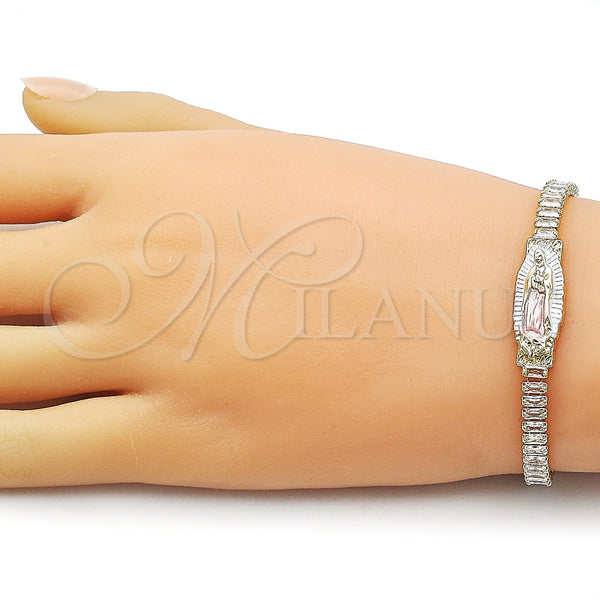 Pulsera Elegante 03.411.0087.06 Oro Laminado, Diseño de Guadalupe y Baguette, con Blanca Zirconia Cubica, Pulido, Tres Tonos (Thickness, 6 Inches Length)