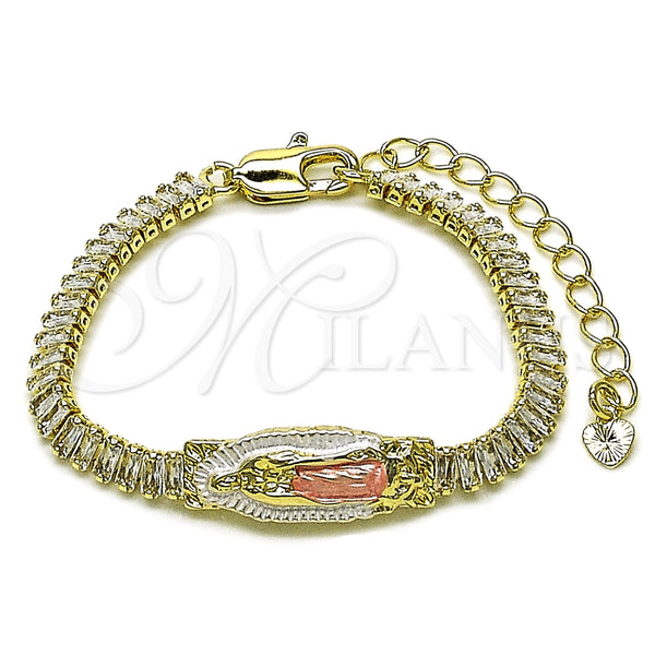 Pulsera Elegante 03.411.0087.06 Oro Laminado, Diseño de Guadalupe y Baguette, con Blanca Zirconia Cubica, Pulido, Tres Tonos (Thickness, 6 Inches Length)