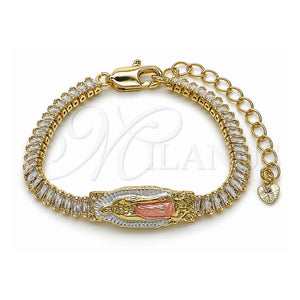 Pulsera Elegante 03.411.0087.06 Oro Laminado, Diseño de Guadalupe y Baguette, con Zirconia Cubica Blanca, Pulido, Tres Tonos (Grosor 04.8 MM, 6 Pulgadas de Largo)
