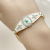 Pulsera Elegante 03.411.0088.07 Oro Laminado, Diseño de San Judas y Hebillas de Cinturon, Diseño de San Judas, con Zirconia Cubica Blanca, Esmaltado Blanco, Tricolor
