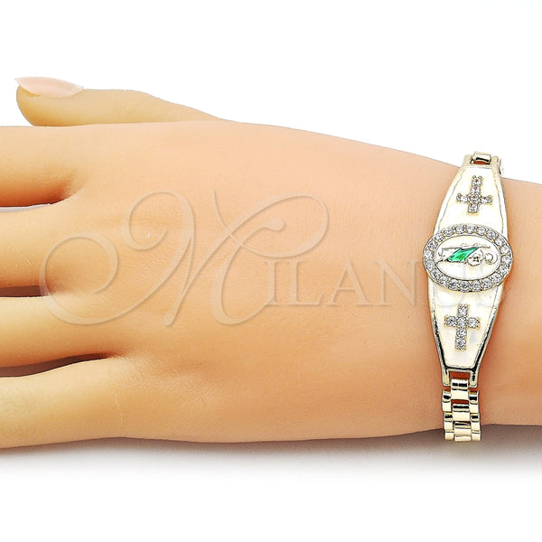 Pulsera Elegante 03.411.0088.07 Oro Laminado, Diseño de San Judas y Hebilla del Cinturón, con Blanca Zirconia Cubica, Esmaltado Blanco, Tres Tonos (Thickness, 8 Inches Length)