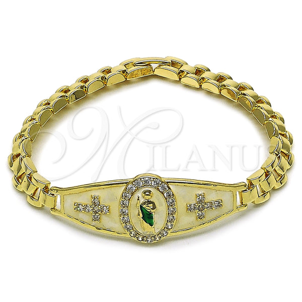 Pulsera Elegante 03.411.0088.07 Oro Laminado, Diseño de San Judas y Hebilla del Cinturón, con Blanca Zirconia Cubica, Esmaltado Blanco, Tres Tonos (Thickness, 8 Inches Length)
