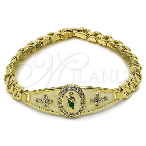 Pulsera Elegante 03.411.0088.07 Oro Laminado, Diseño de San Judas y Hebilla del Cinturón, con Blanca Zirconia Cubica, Esmaltado Blanco, Tres Tonos (Thickness, 8 Inches Length)