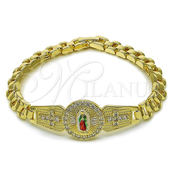 Pulsera Solida 03.411.0008.2.08 Oro Laminado, Diseño de Guadalupe y Cruz, Diseño de Guadalupe, con Zirconia Cubica Blanca, Pulido, Tricolor