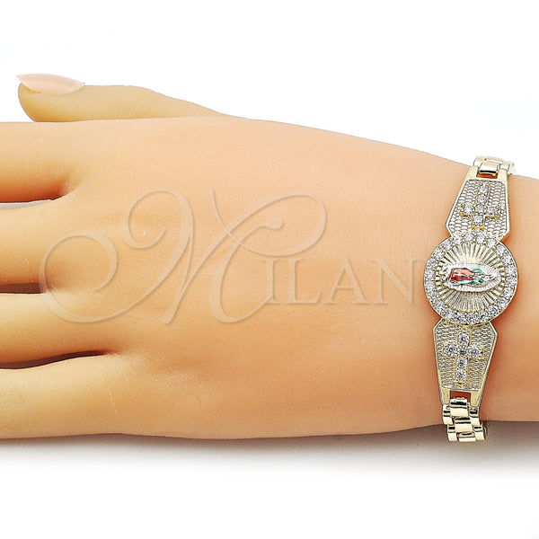 Pulsera Solida 03.411.0008.2.08 Oro Laminado, Diseño de Guadalupe y Cruz, con Blanca Zirconia Cubica, Pulido, Tres Tonos (08 MM Thickness, 8 Inches Length)
