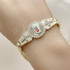 Pulsera Solida 03.411.0008.2.08 Oro Laminado, Diseño de Guadalupe y Cruz, con Blanca Zirconia Cubica, Pulido, Tres Tonos (08 MM Thickness, 8 Inches Length)