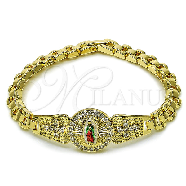 Pulsera Solida 03.411.0008.2.08 Oro Laminado, Diseño de Guadalupe y Cruz, con Blanca Zirconia Cubica, Pulido, Tres Tonos (08 MM Thickness, 8 Inches Length)