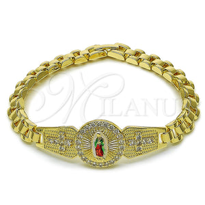 Pulsera Solida 03.411.0008.2.08 Oro Laminado, Diseño de Guadalupe y Cruz, con Blanca Zirconia Cubica, Pulido, Tres Tonos (08 MM Thickness, 8 Inches Length)