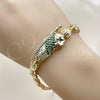 Pulsera Elegante 03.411.0089.08 Oro Laminado, Diseño de San Judas y Flor, Diseño de San Judas, con Zirconia Cubica Verde y Blanca, Pulido, Dorado