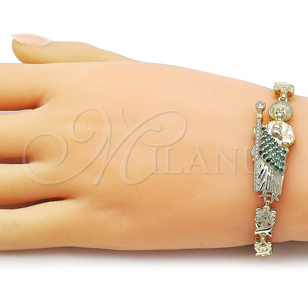 Pulsera Elegante 03.411.0089.08 Oro Laminado, Diseño de San Judas y Flor, con Verde and Blanca Zirconia Cubica, Pulido, Tono Dorado (Thickness, 8 Inches Length)