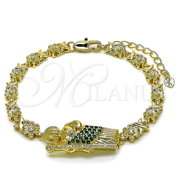 Pulsera Elegante 03.411.0089.08 Oro Laminado, Diseño de San Judas y Flor, con Verde and Blanca Zirconia Cubica, Pulido, Tono Dorado (Thickness, 8 Inches Length)