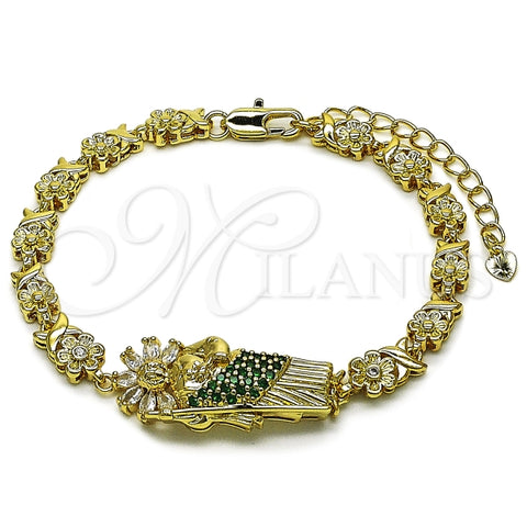 Pulsera Elegante 03.411.0090.08 Oro Laminado, Diseño de San Judas y Flor, Diseño de San Judas, con Zirconia Cubica Verde y Blanca, Pulido, Dorado