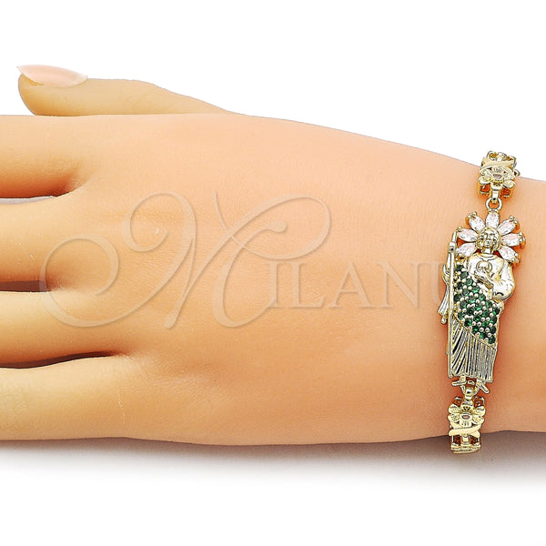 Pulsera Elegante 03.411.0090.08 Oro Laminado, Diseño de San Judas y Flor, con Verde and Blanca Zirconia Cubica, Pulido, Tono Dorado (Thickness, 8 Inches Length)